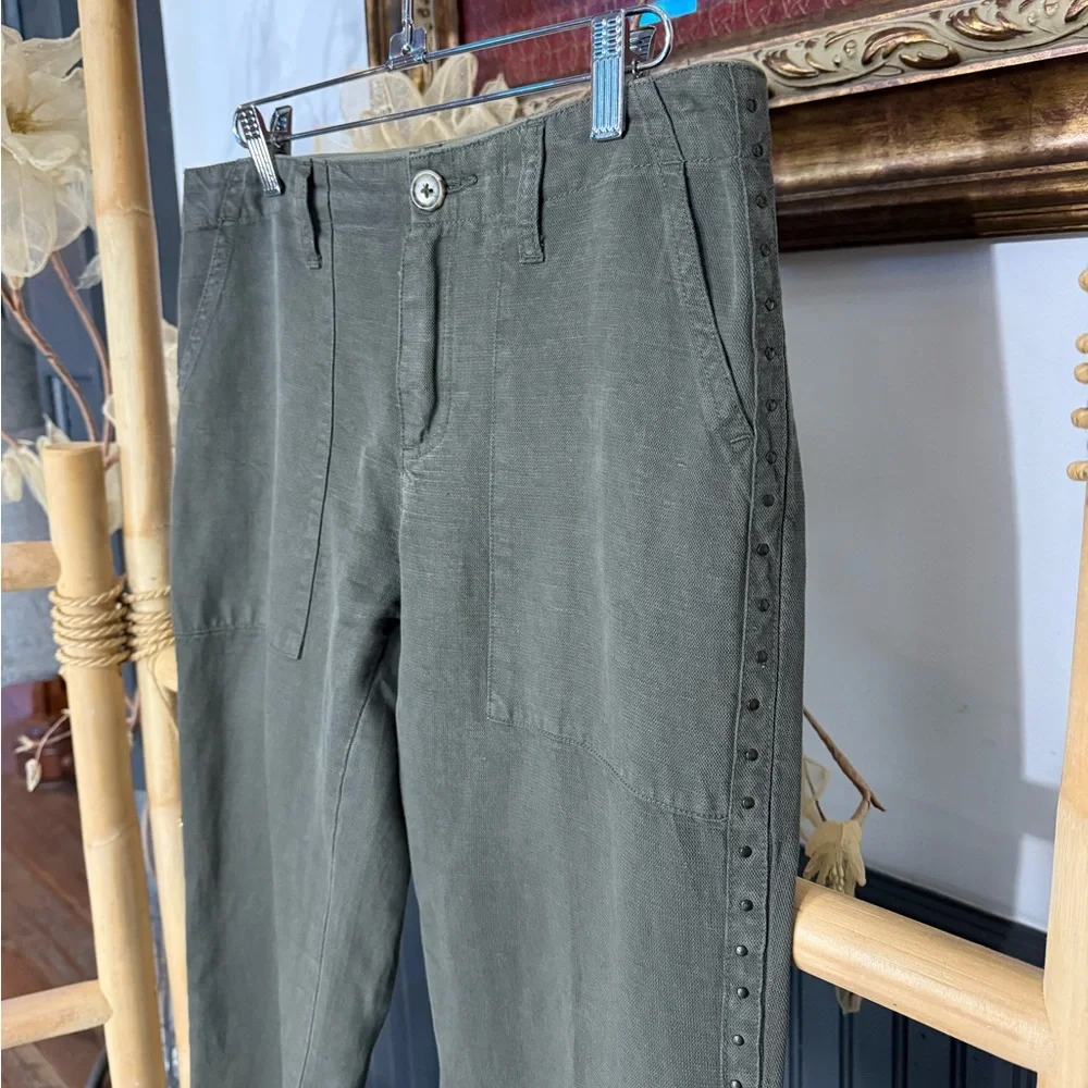 Joie Linen Blend Raw Hem Studded Straight Leg Army Green Pants ~ Sz 0 💚🍄